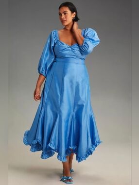 Hutch Sky Blue Twist Front Puff Sleeve Ruffle Hem Dress